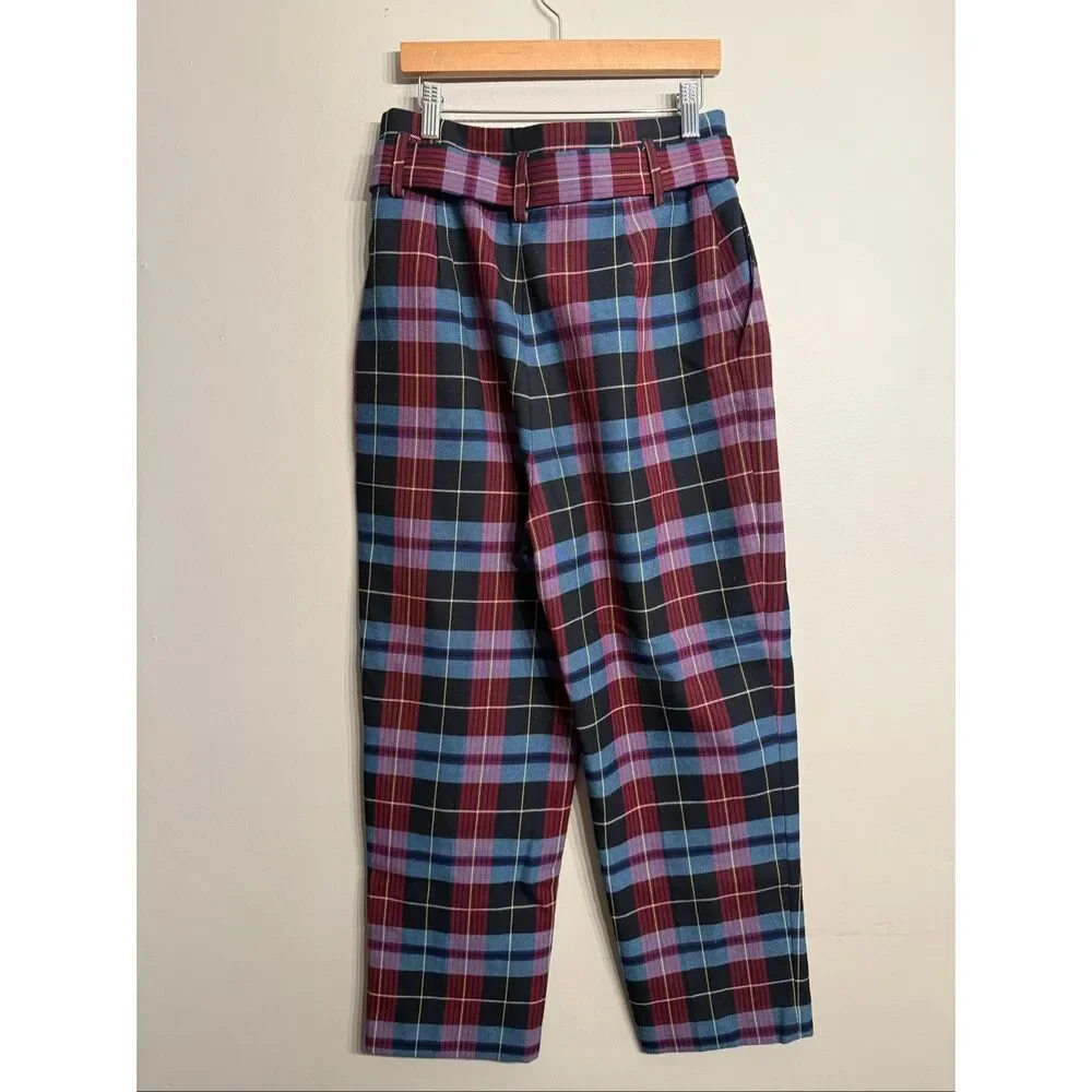 Zara Black Maroon High-Rise Belted Plaid Ankle Grazer Crop Trousers Pants Medium